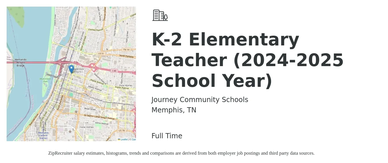 Journey Community Schools job posting for a K-2 Elementary Teacher (2024-2025 School Year) in Memphis, TN with a salary of $41,300 to $55,700 Yearly with a map of Memphis location.