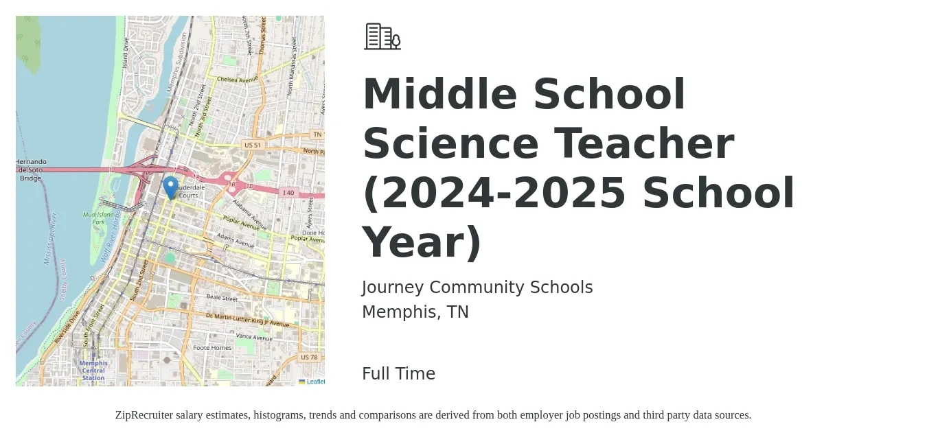 Journey Community Schools job posting for a Middle School Science Teacher (2024-2025 School Year) in Memphis, TN with a salary of $42,700 to $56,100 Yearly with a map of Memphis location.