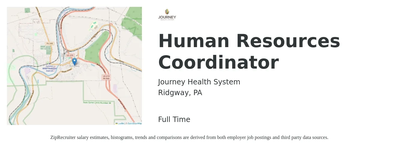 Journey Health System job posting for a Human Resources Coordinator in Ridgway, PA with a salary of $16 to $17 Hourly with a map of Ridgway location.