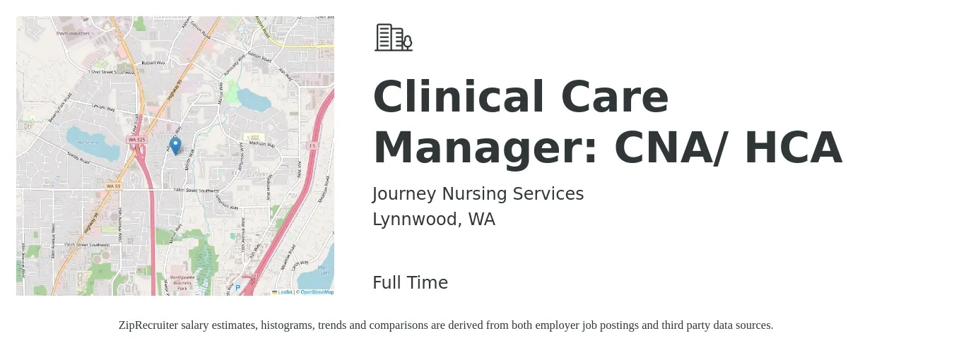 Journey Nursing Services job posting for a Clinical Care Manager: CNA/ HCA in Lynnwood, WA with a salary of $25 to $28 Hourly with a map of Lynnwood location.