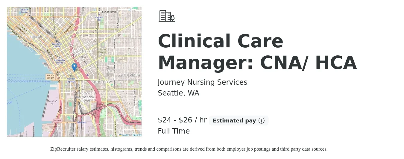 Journey Nursing Services job posting for a Clinical Care Manager: CNA/ HCA in Seattle, WA with a salary of $25 to $28 Hourly with a map of Seattle location.