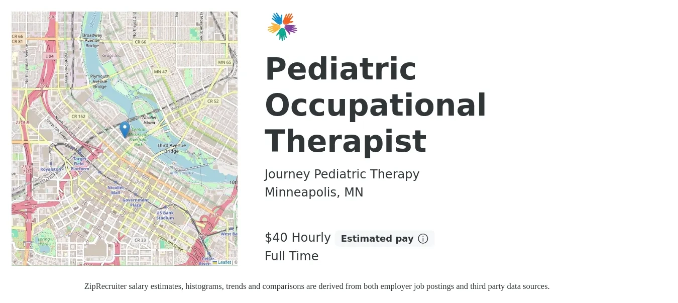 Journey Pediatric Therapy job posting for a Pediatric Occupational Therapist in Minneapolis, MN with a salary of $42 Hourly with a map of Minneapolis location.