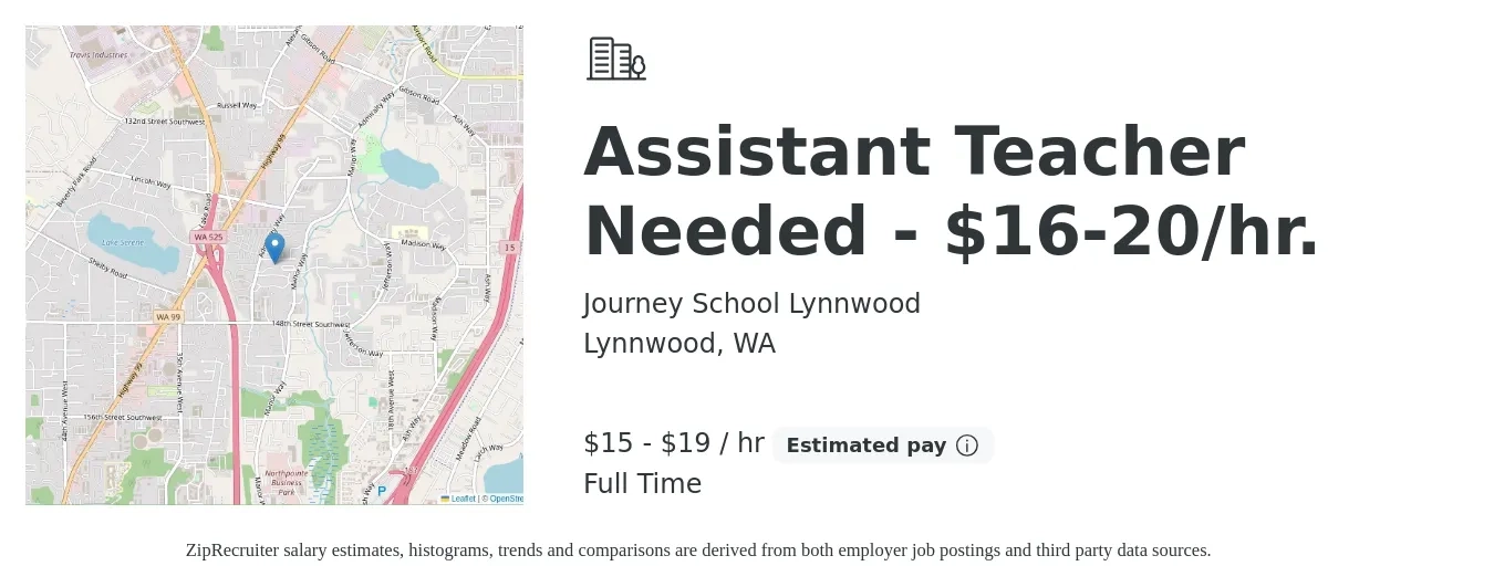 Journey School Lynnwood job posting for a Assistant Teacher Needed - $16-20/hr. in Lynnwood, WA with a salary of $16 to $20 Hourly with a map of Lynnwood location.