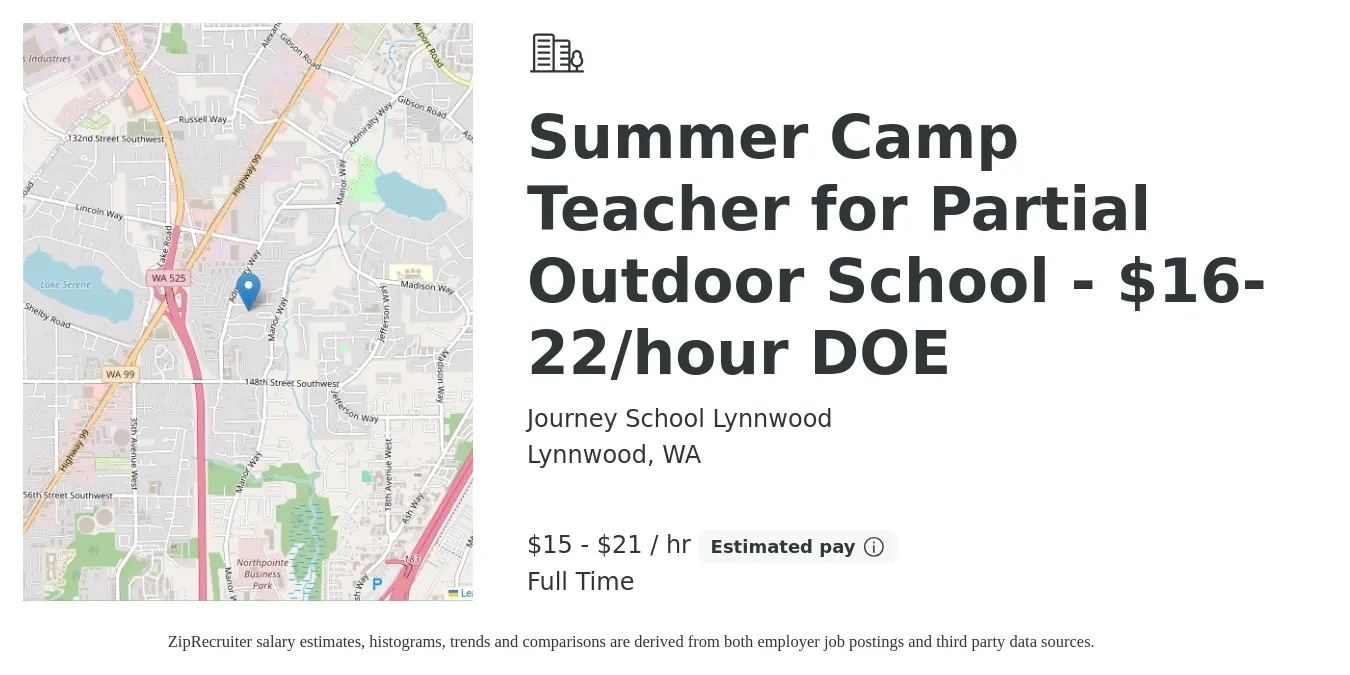 Journey School Lynnwood job posting for a Summer Camp Teacher for Partial Outdoor School - $16-22/hour DOE in Lynnwood, WA with a salary of $16 to $22 Hourly with a map of Lynnwood location.