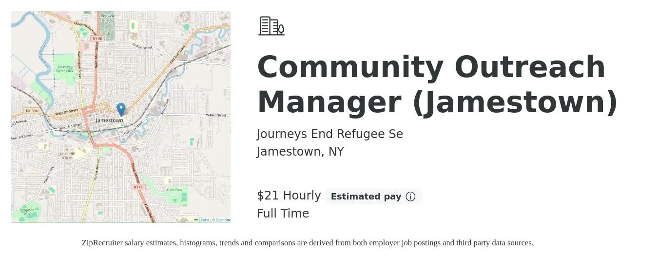 Journeys End Refugee Se job posting for a Community Outreach Manager (Jamestown) in Jamestown, NY with a salary of $22 Hourly with a map of Jamestown location.