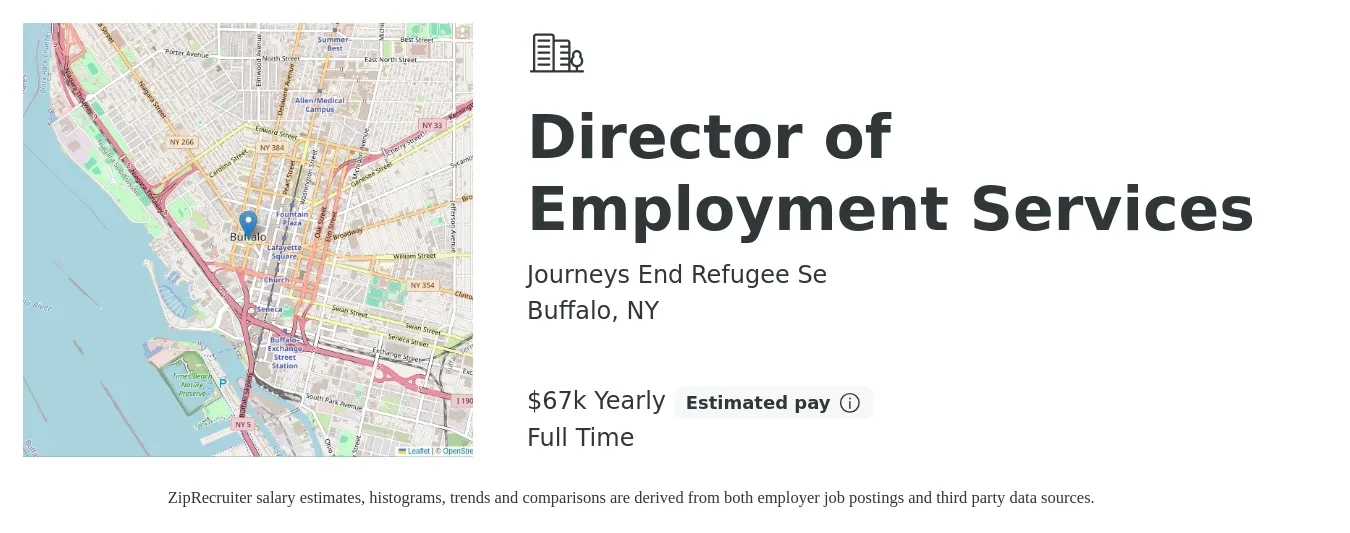Journeys End Refugee Se job posting for a Director of Employment Services in Buffalo, NY with a salary of $67,500 Yearly with a map of Buffalo location.
