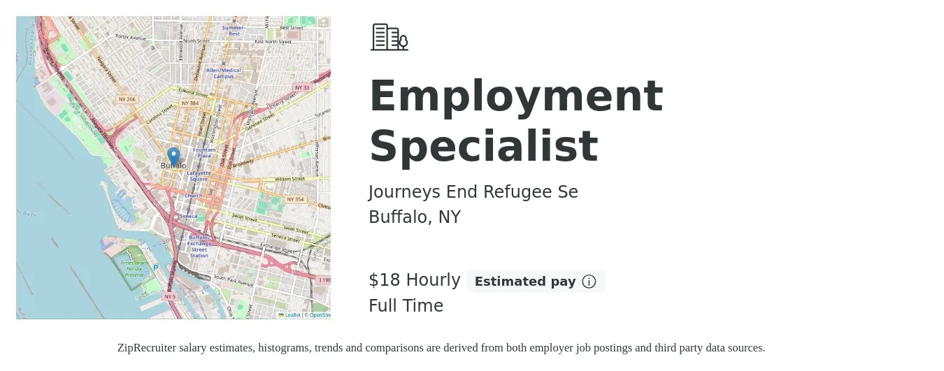 Journeys End Refugee Se job posting for a Employment Specialist in Buffalo, NY with a salary of $19 Hourly with a map of Buffalo location.