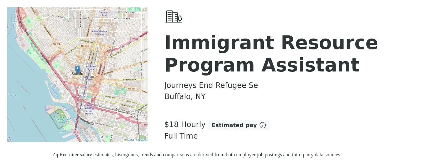 Journeys End Refugee Se job posting for a Immigrant Resource Program Assistant in Buffalo, NY with a salary of $19 Hourly with a map of Buffalo location.