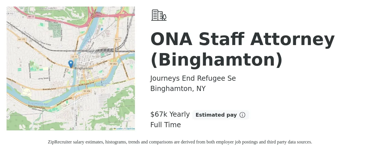 Journeys End Refugee Se job posting for a ONA Staff Attorney (Binghamton) in Binghamton, NY with a salary of $67,500 Yearly with a map of Binghamton location.