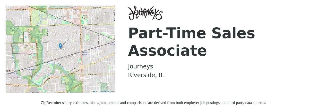 Journeys job posting for a Part-Time Sales Associate in Riverside, IL with a salary of $14 to $19 Hourly with a map of Riverside location.