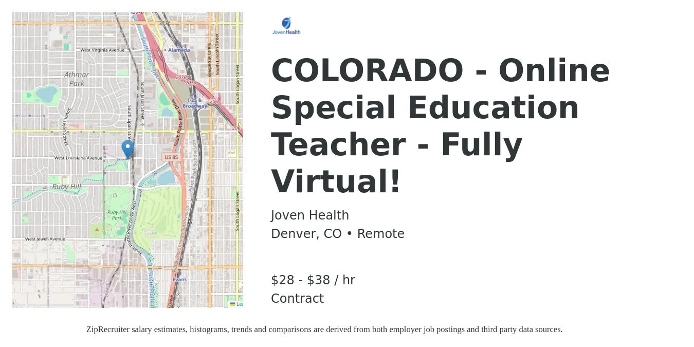 Joven Health job posting for a COLORADO - Online Special Education Teacher - Fully Virtual! in Denver, CO with a salary of $30 to $40 Hourly with a map of Denver location.