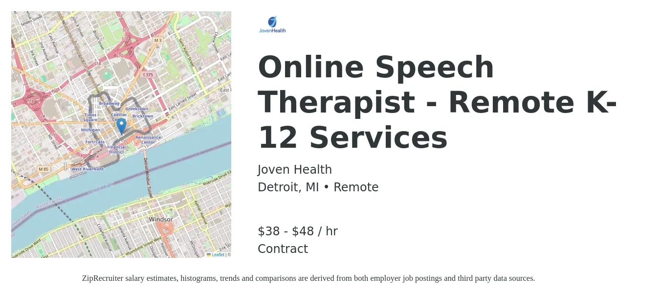 Joven Health job posting for a Online Speech Therapist - Remote K-12 Services in Detroit, MI with a salary of $40 to $50 Hourly with a map of Detroit location.