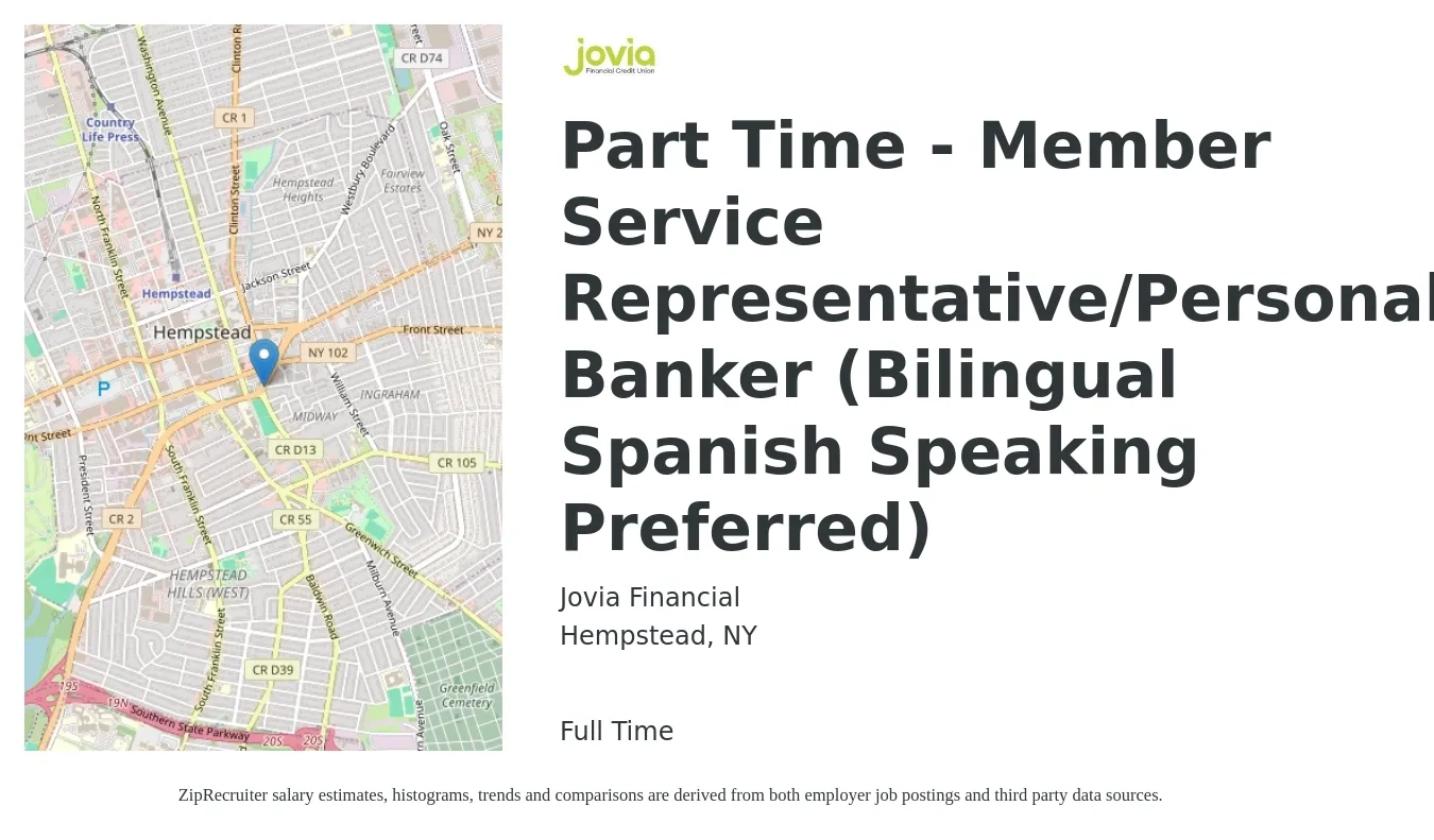 Jovia Financial job posting for a Part Time - Member Service Representative/Personal Banker (Bilingual Spanish Speaking Preferred) in Hempstead, NY with a salary of $3,000 Weekly with a map of Hempstead location.