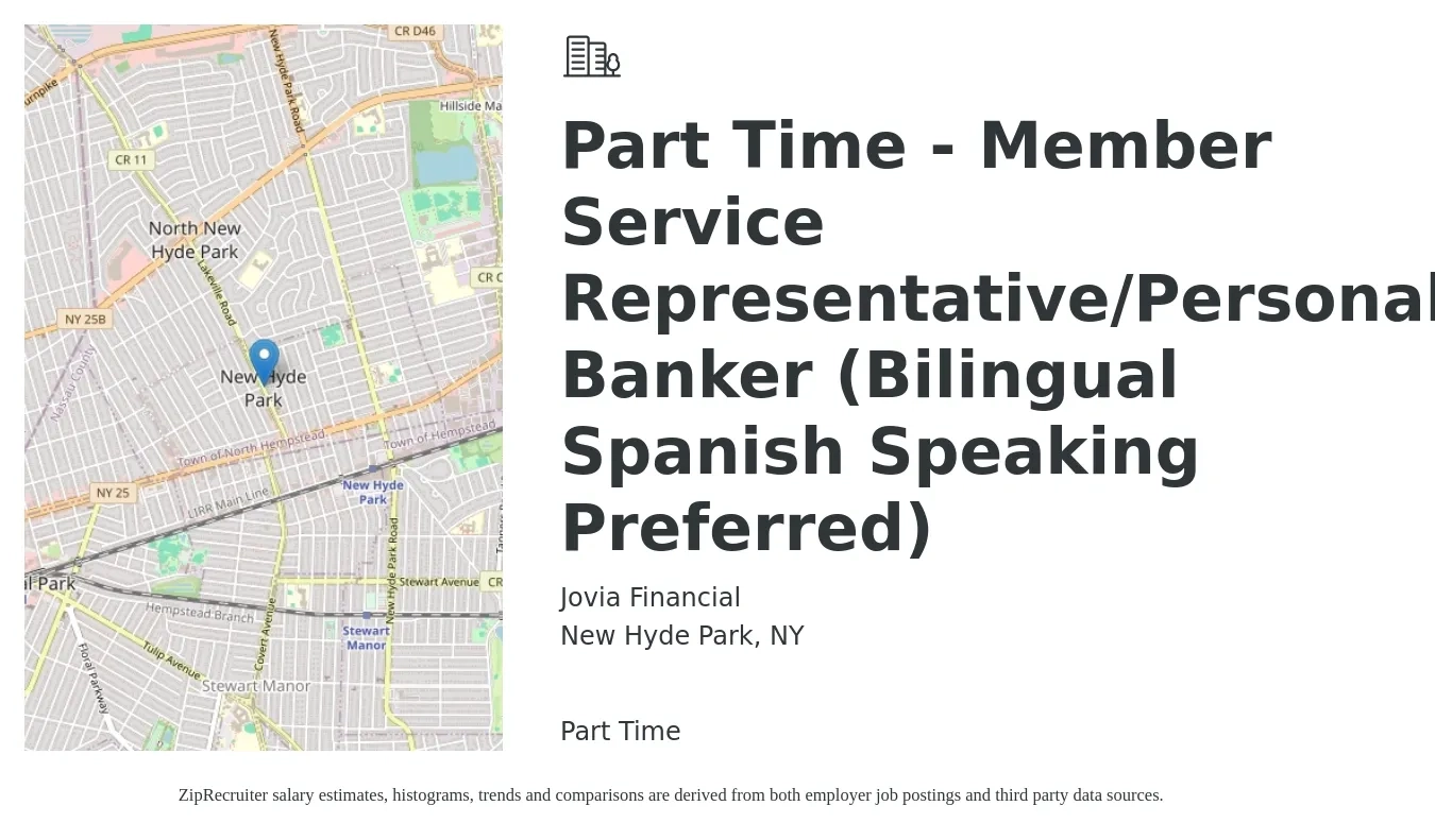 Jovia Financial job posting for a Part Time - Member Service Representative/Personal Banker (Bilingual Spanish Speaking Preferred) in New Hyde Park, NY with a salary of $3,000 Weekly with a map of New Hyde Park location.