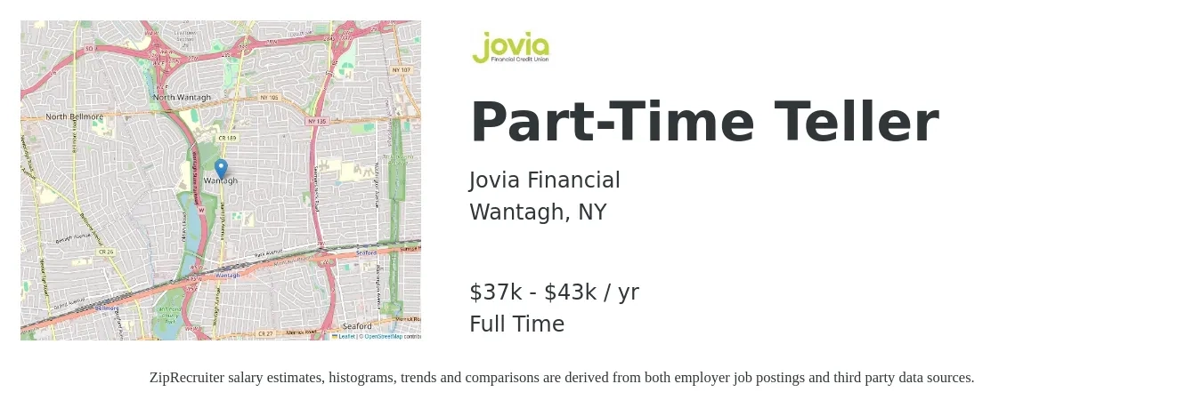 Jovia Financial job posting for a Part-Time Teller in Wantagh, NY with a salary of $37,148 to $43,707 Yearly with a map of Wantagh location.