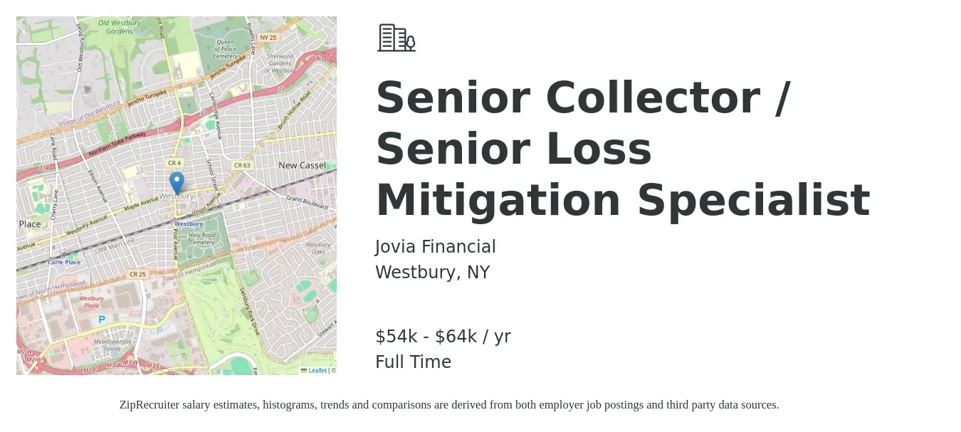 Jovia Financial job posting for a Senior Collector / Senior Loss Mitigation Specialist in Westbury, NY with a salary of $54,500 to $64,000 Yearly with a map of Westbury location.