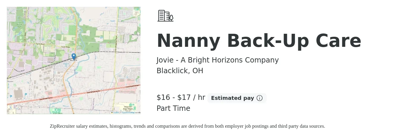 Jovie - A Bright Horizons Company job posting for a Nanny Back-Up Care in Blacklick, OH with a salary of $17 to $18 Hourly with a map of Blacklick location.