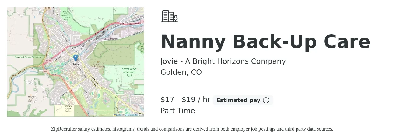 Jovie - A Bright Horizons Company job posting for a Nanny Back-Up Care in Golden, CO with a salary of $18 to $20 Hourly with a map of Golden location.