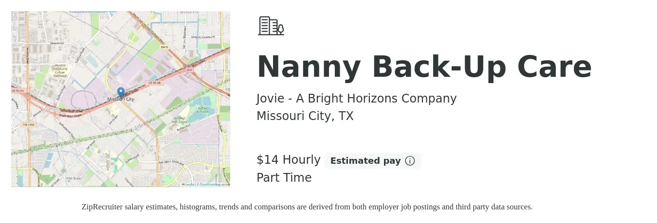Jovie - A Bright Horizons Company job posting for a Nanny Back-Up Care in Missouri City, TX with a salary of $15 Hourly with a map of Missouri City location.