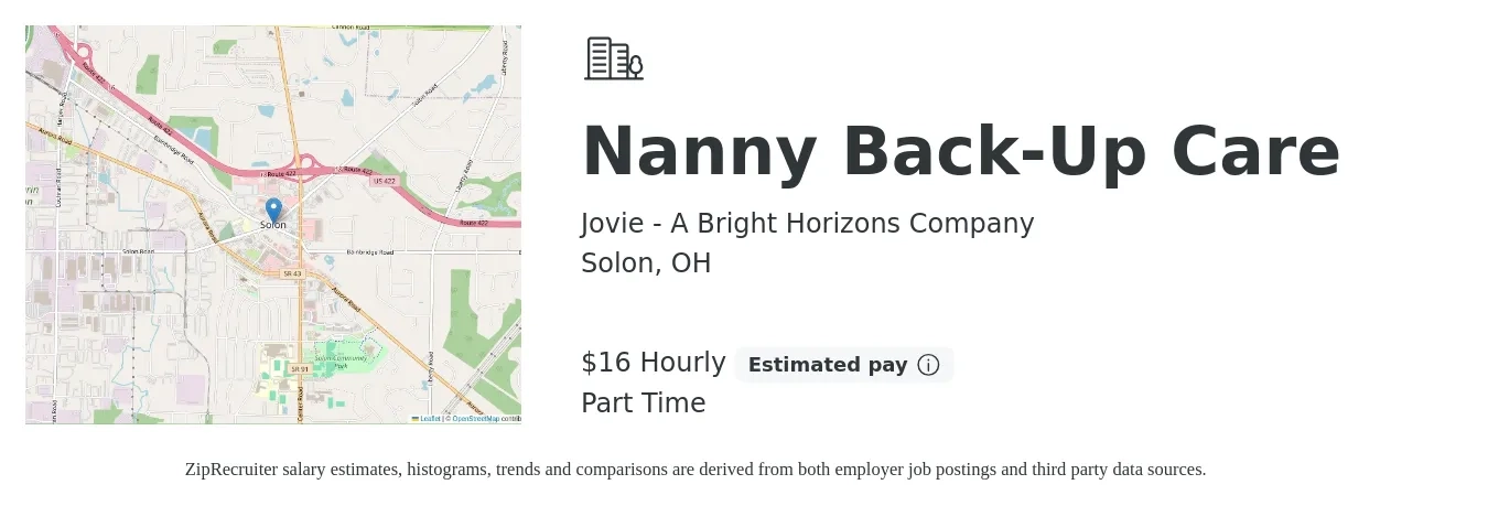 Jovie - A Bright Horizons Company job posting for a Nanny Back-Up Care in Solon, OH with a salary of $17 Hourly with a map of Solon location.