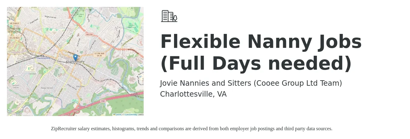 Jovie Nannies and Sitters (Cooee Group Ltd Team) job posting for a Flexible Nanny Jobs (Full Days needed) in Charlottesville, VA with a salary of $18 to $26 Hourly with a map of Charlottesville location.