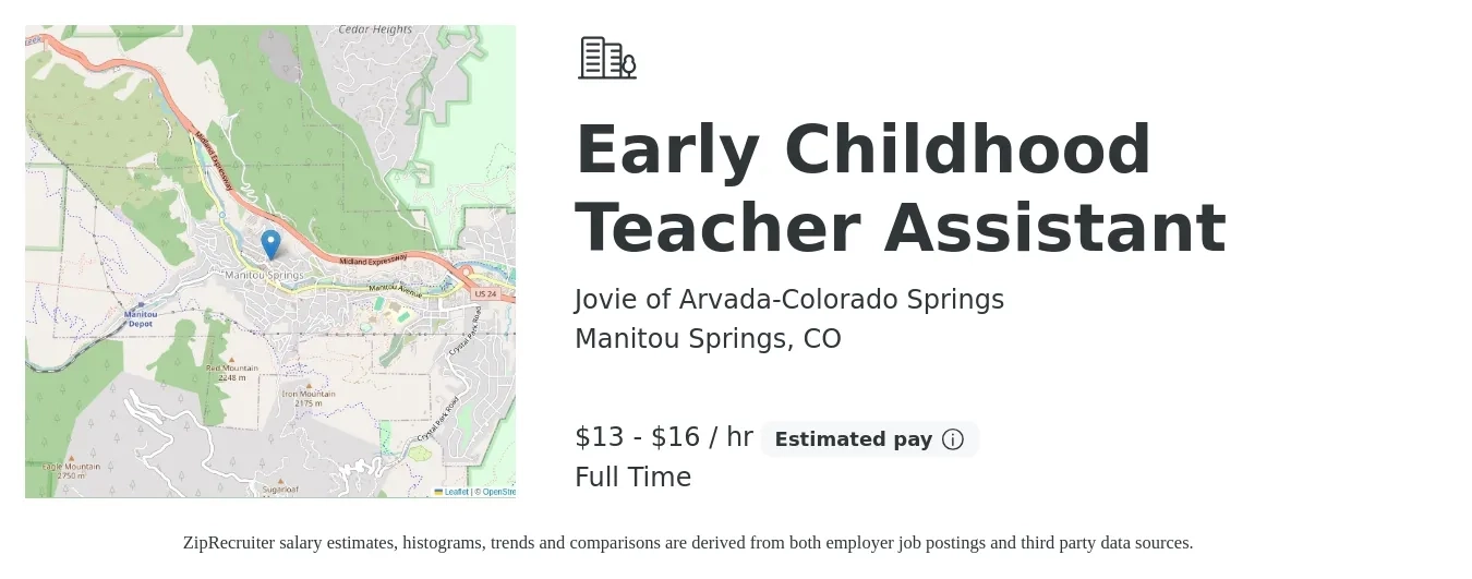 Jovie of Arvada-Colorado Springs job posting for a Early Childhood Teacher Assistant in Manitou Springs, CO with a salary of $14 to $17 Hourly with a map of Manitou Springs location.