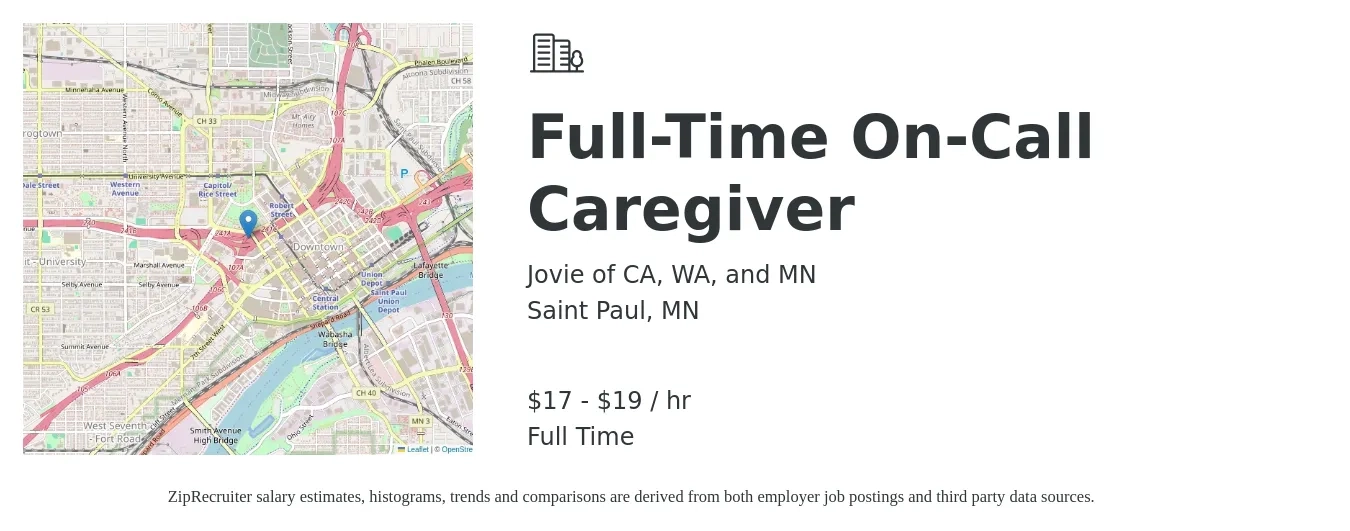 Jovie of CA, WA, and MN job posting for a Full-Time On-Call Caregiver in Saint Paul, MN with a salary of $18 to $20 Yearly with a map of Saint Paul location.