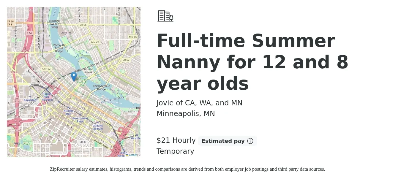 Jovie of CA, WA, and MN job posting for a Full-time Summer Nanny for 12 and 8 year olds in Minneapolis, MN with a salary of $22 Hourly with a map of Minneapolis location.