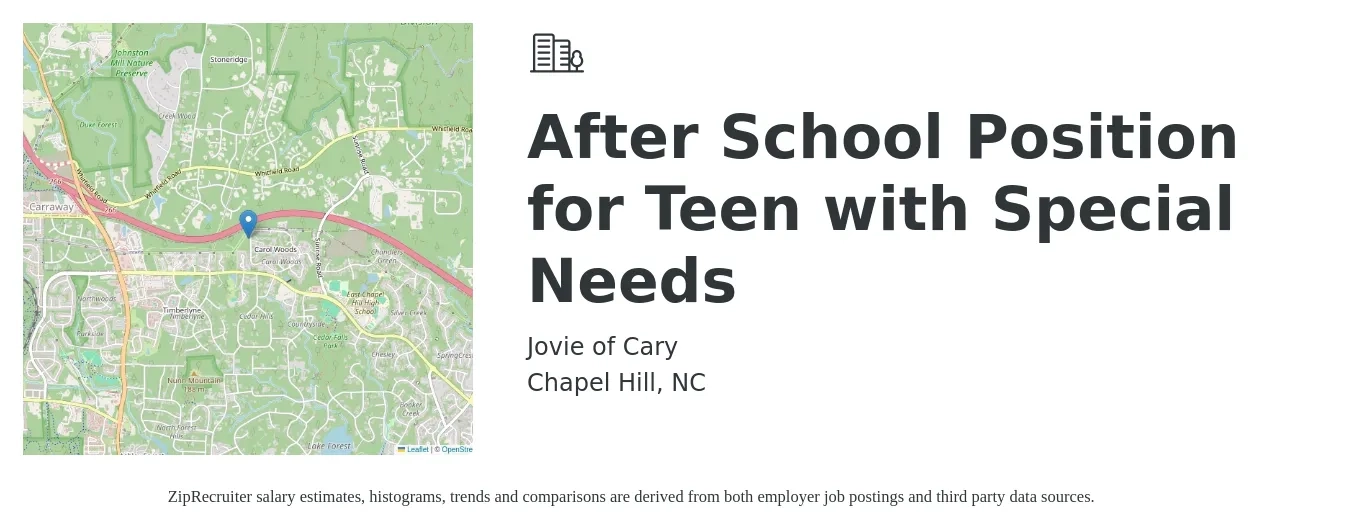 Jovie of Cary job posting for a After School Position for Teen with Special Needs in Chapel Hill, NC with a salary of $11 to $14 Hourly with a map of Chapel Hill location.
