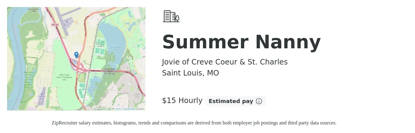 Jovie of Creve Coeur & St. Charles job posting for a Summer Nanny in Saint Louis, MO with a salary of $16 Hourly with a map of Saint Louis location.