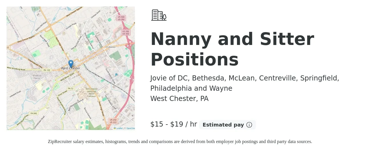 Jovie of DC, Bethesda, McLean, Centreville, Springfield, Philadelphia and Wayne job posting for a Nanny and Sitter Positions in West Chester, PA with a salary of $16 to $20 Hourly with a map of West Chester location.