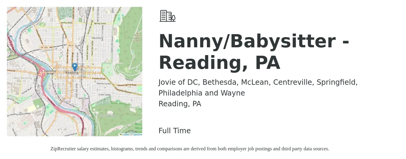 Jovie of DC, Bethesda, McLean, Centreville, Springfield, Philadelphia and Wayne job posting for a Nanny/Babysitter - Reading, PA in Reading, PA with a salary of $17 to $19 Hourly with a map of Reading location.