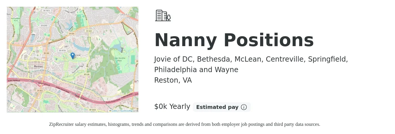 Jovie of DC, Bethesda, McLean, Centreville, Springfield, Philadelphia and Wayne job posting for a Nanny Positions in Reston, VA with a salary of $20 Yearly with a map of Reston location.