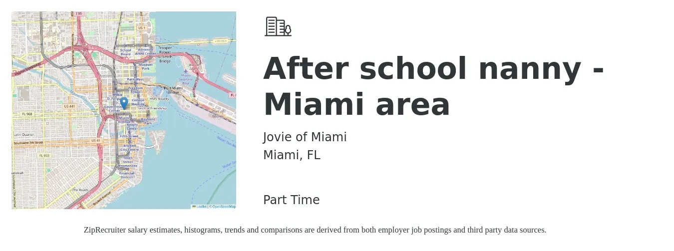 Jovie of Miami job posting for a After school nanny - Miami area in Miami, FL with a salary of $15 Hourly with a map of Miami location.