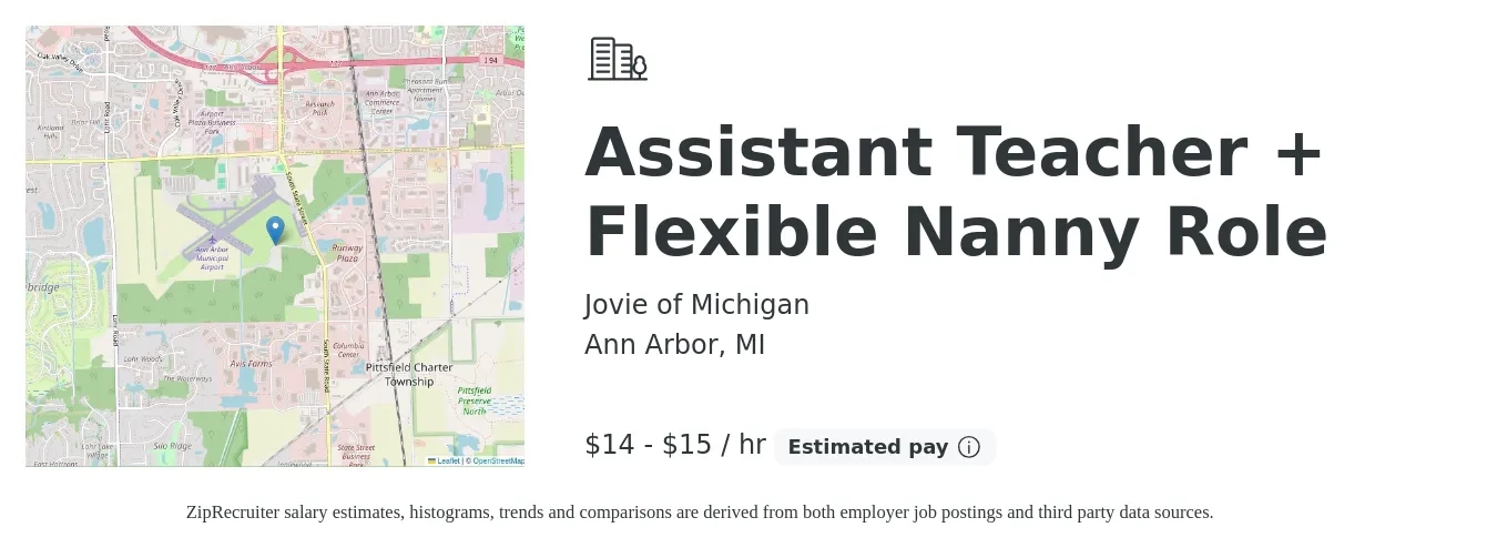 Jovie of Michigan job posting for a Assistant Teacher + Flexible Nanny Role in Ann Arbor, MI with a salary of $15 to $16 Hourly with a map of Ann Arbor location.
