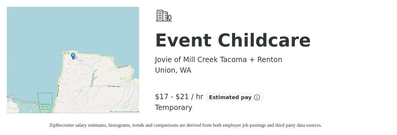 Jovie of Mill Creek Tacoma + Renton job posting for a Event Childcare in Union, WA with a salary of $18 to $22 Hourly with a map of Union location.