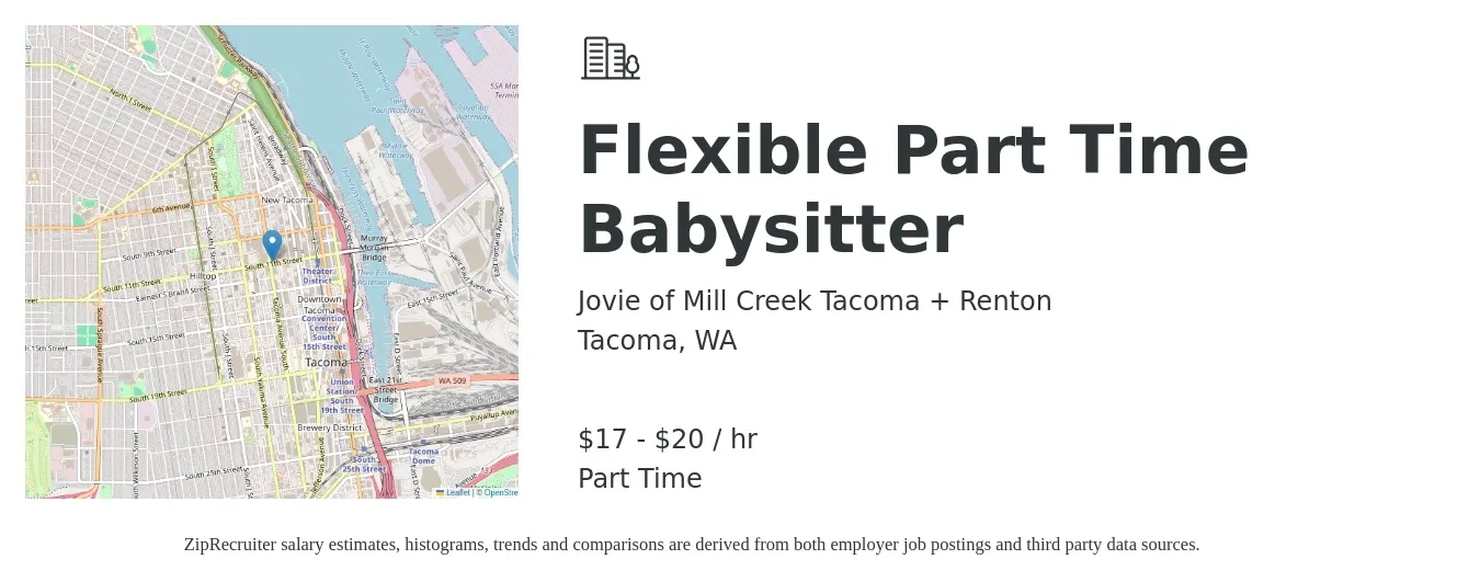 Jovie of Mill Creek Tacoma + Renton job posting for a Flexible Part Time Babysitter in Tacoma, WA with a salary of $17 to $20 Yearly with a map of Tacoma location.