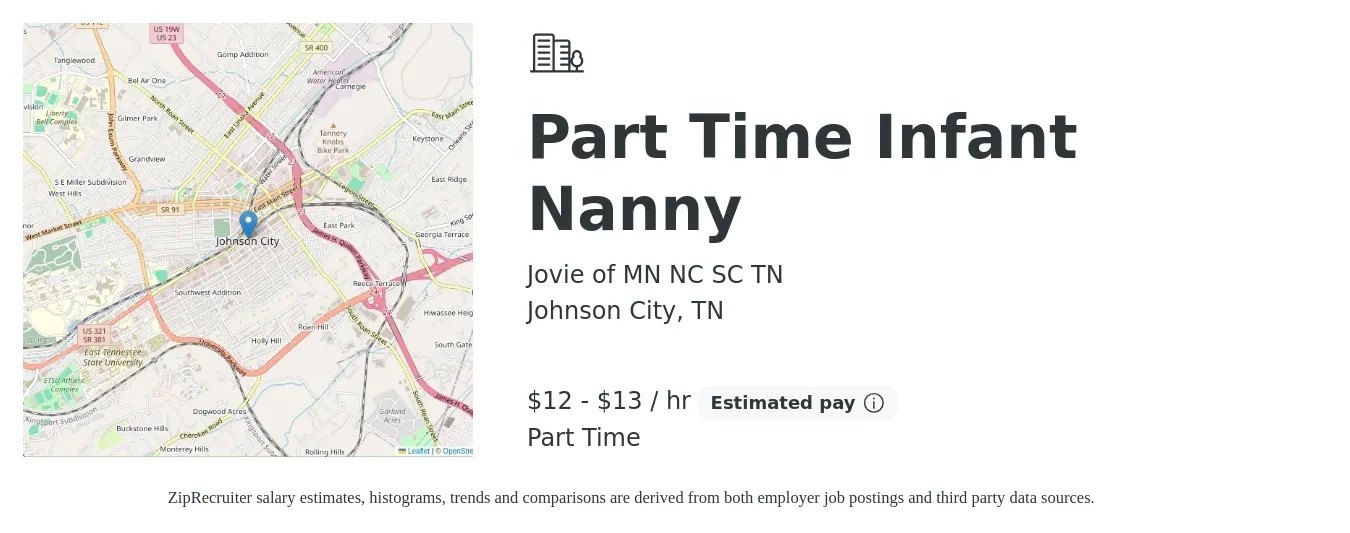 Jovie of MN NC SC TN job posting for a Part Time Infant Nanny in Johnson City, TN with a salary of $13 to $14 Hourly with a map of Johnson City location.