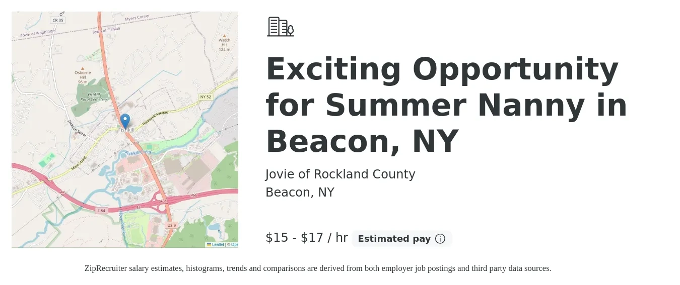 Jovie of Rockland County job posting for a Exciting Opportunity for Summer Nanny in Beacon, NY in Beacon, NY with a salary of $16 to $18 Hourly with a map of Beacon location.