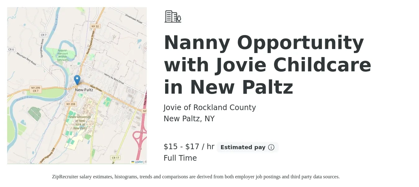 Jovie of Rockland County job posting for a Nanny Opportunity with Jovie Childcare in New Paltz in New Paltz, NY with a salary of $16 to $18 Hourly with a map of New Paltz location.