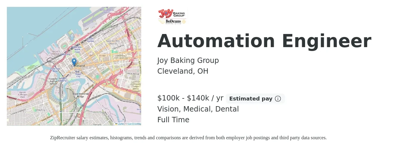 Joy Baking Group job posting for a Automation Engineer in Cleveland, OH with a salary of $100,000 to $140,000 Yearly and benefits including retirement, vision, dental, life_insurance, medical, and pto with a map of Cleveland location.