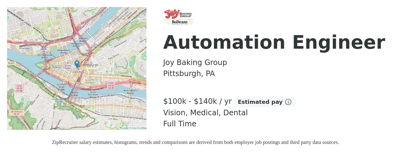 Joy Baking Group job posting for a Automation Engineer in Pittsburgh, PA with a salary of $100,000 to $140,000 Yearly and benefits including dental, life_insurance, medical, pto, retirement, and vision with a map of Pittsburgh location.