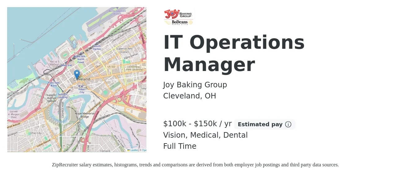 Joy Baking Group job posting for a IT Operations Manager in Cleveland, OH with a salary of $100,000 to $150,000 Yearly and benefits including pto, retirement, vision, dental, life_insurance, and medical with a map of Cleveland location.