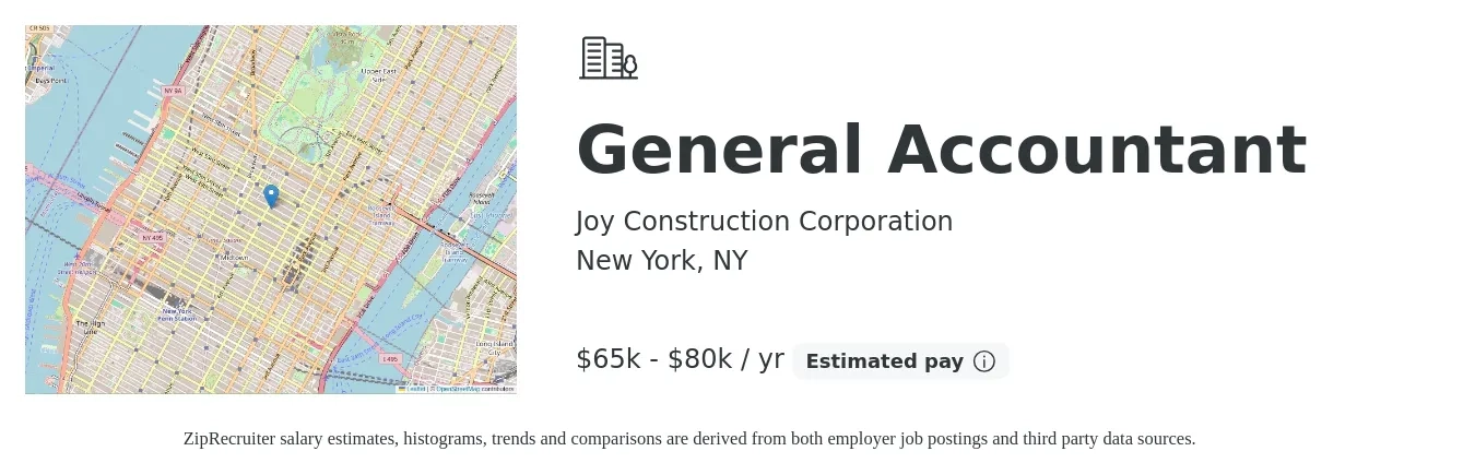 Joy Construction Corporation job posting for a General Accountant in New York, NY with a salary of $65,000 to $80,000 Yearly with a map of New York location.