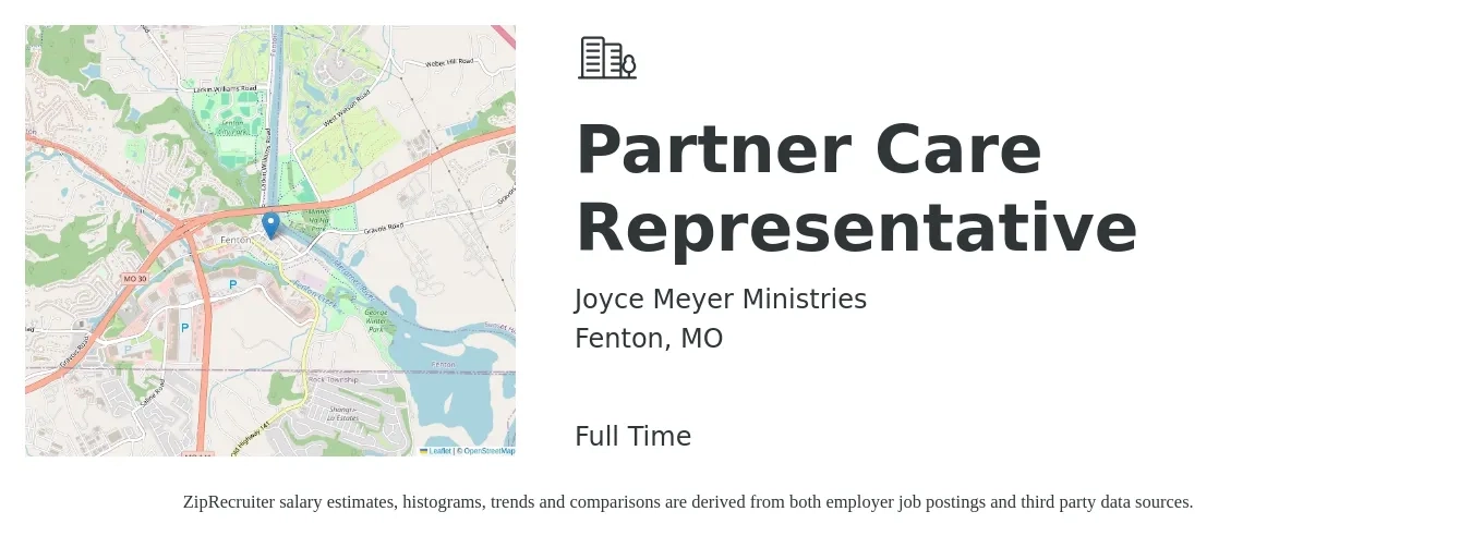Joyce Meyer Ministries job posting for a Partner Care Representative in Fenton, MO with a salary of $15 to $21 Hourly with a map of Fenton location.