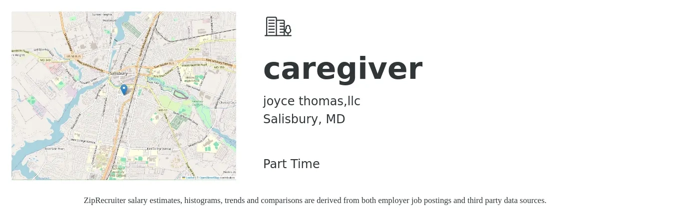 joyce thomas,llc job posting for a caregiver in Salisbury, MD with a salary of $14 to $18 Hourly with a map of Salisbury location.