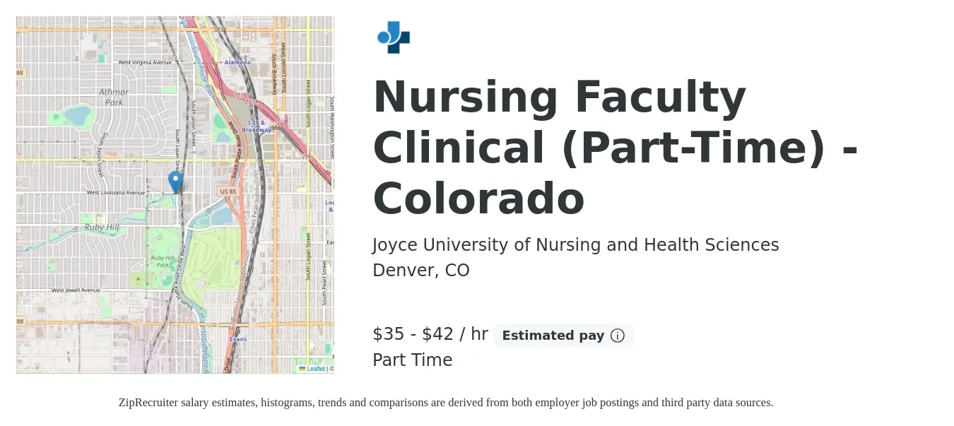 Joyce University of Nursing and Health Sciences job posting for a Nursing Faculty Clinical (Part-Time) - Colorado in Denver, CO with a salary of $37 to $44 Hourly with a map of Denver location.