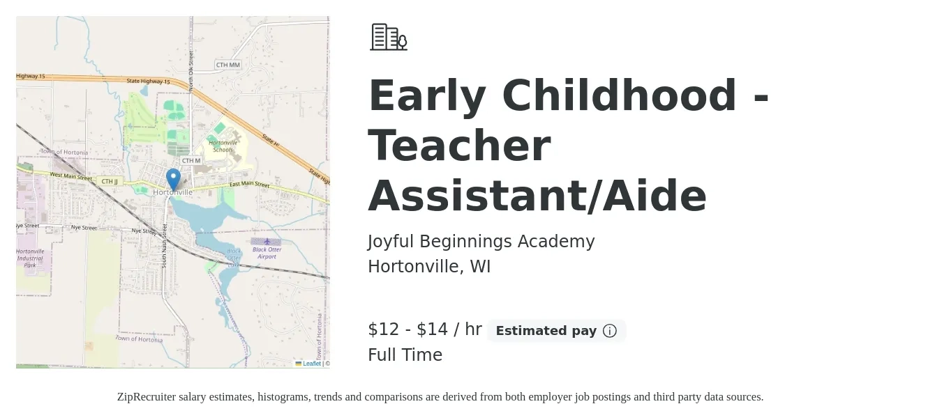 Joyful Beginnings Academy job posting for a Early Childhood - Teacher Assistant/Aide in Hortonville, WI with a salary of $13 to $15 Hourly with a map of Hortonville location.