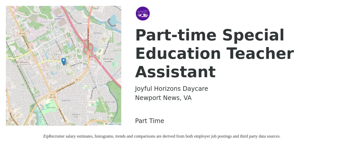 Joyful Horizons Daycare job posting for a Part-time Special Education Teacher Assistant in Newport News, VA with a salary of $13 to $16 Hourly with a map of Newport News location.