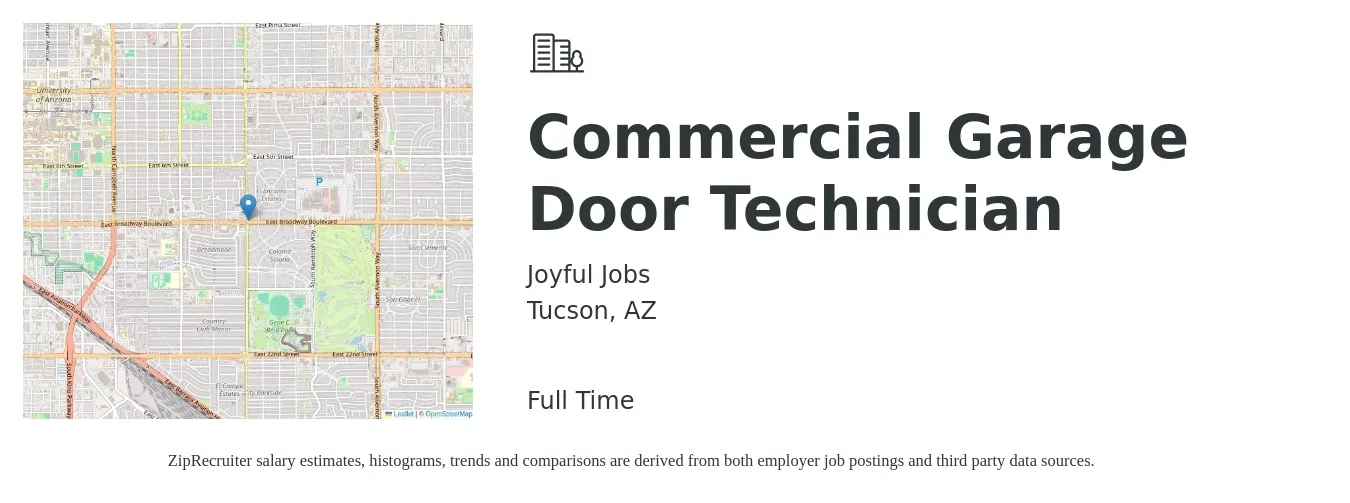 Joyful Jobs job posting for a Commercial Garage Door Technician in Tucson, AZ with a salary of $38,900 to $61,300 Yearly with a map of Tucson location.